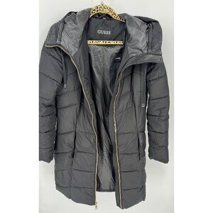 Guess Womens Black Puffer Coat With Hood & Zip Closure Size S